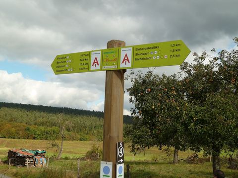Wegweiser zeigen den Weg zu vielen verschiedenen Wanderwegen in und um Michelstadt.